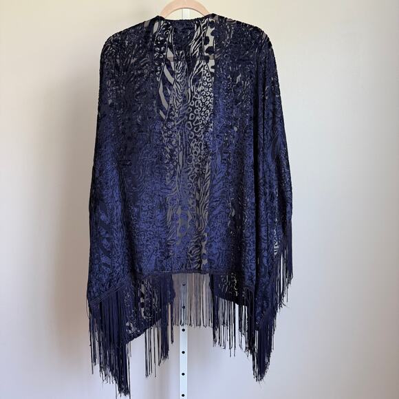 BeBe sz One Size Navy Burnout‎ Velvet Kimono Fringe Open Top - Picture 5 of 7